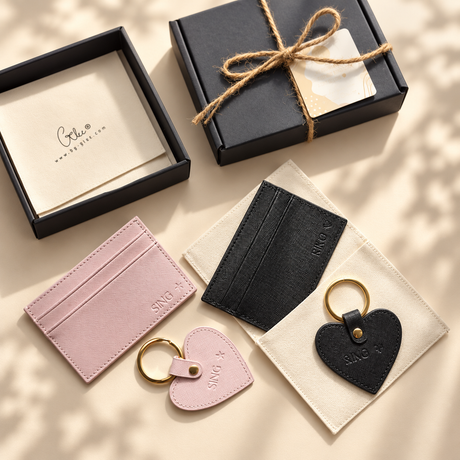 Personalised leather name card holder and keychain set with engraved name