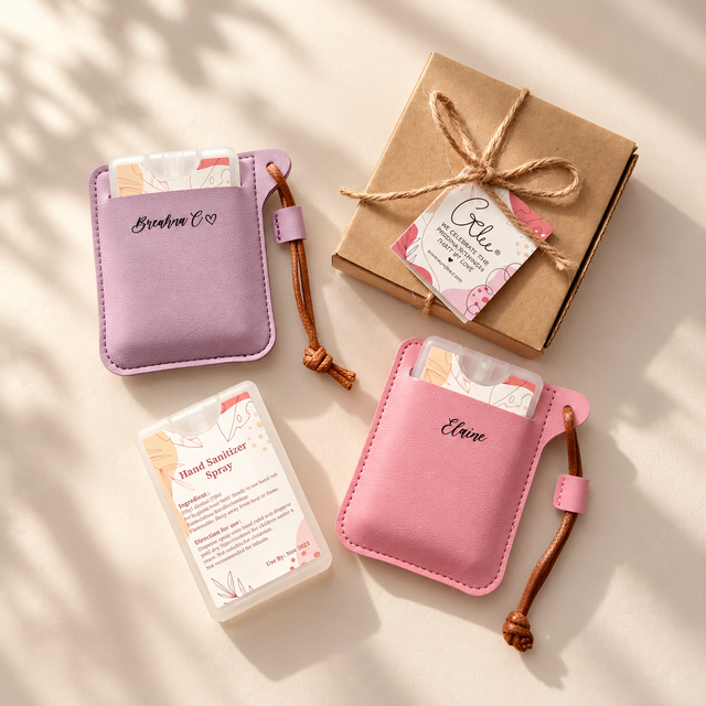 Two personalised PU sanitiser pouches with name and pocket sanitiser