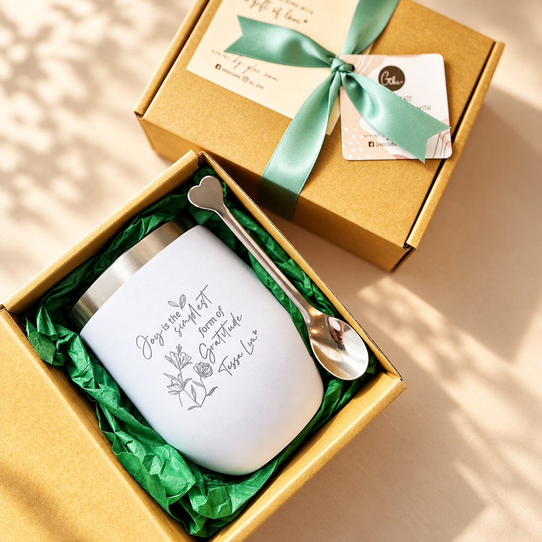 Personalised 350ml stainless steel cup gift set with engraved name and spoon
