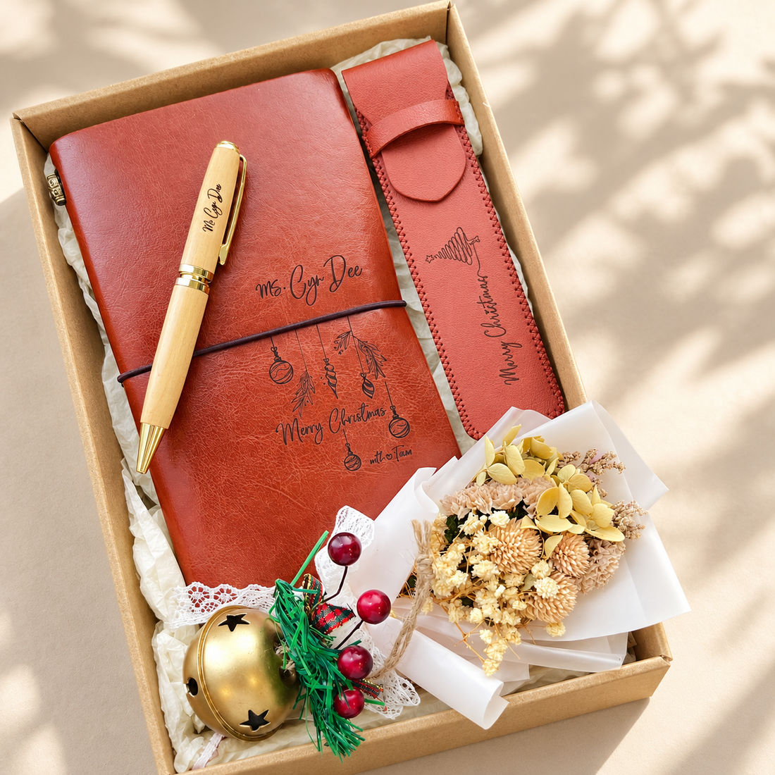 Personalised wooden pen, leather pouch and notebook Christmas gift set