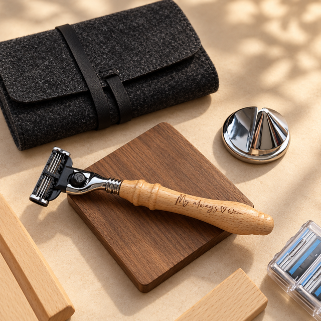 Personalised beech wood razor set with engraved name and razor stand