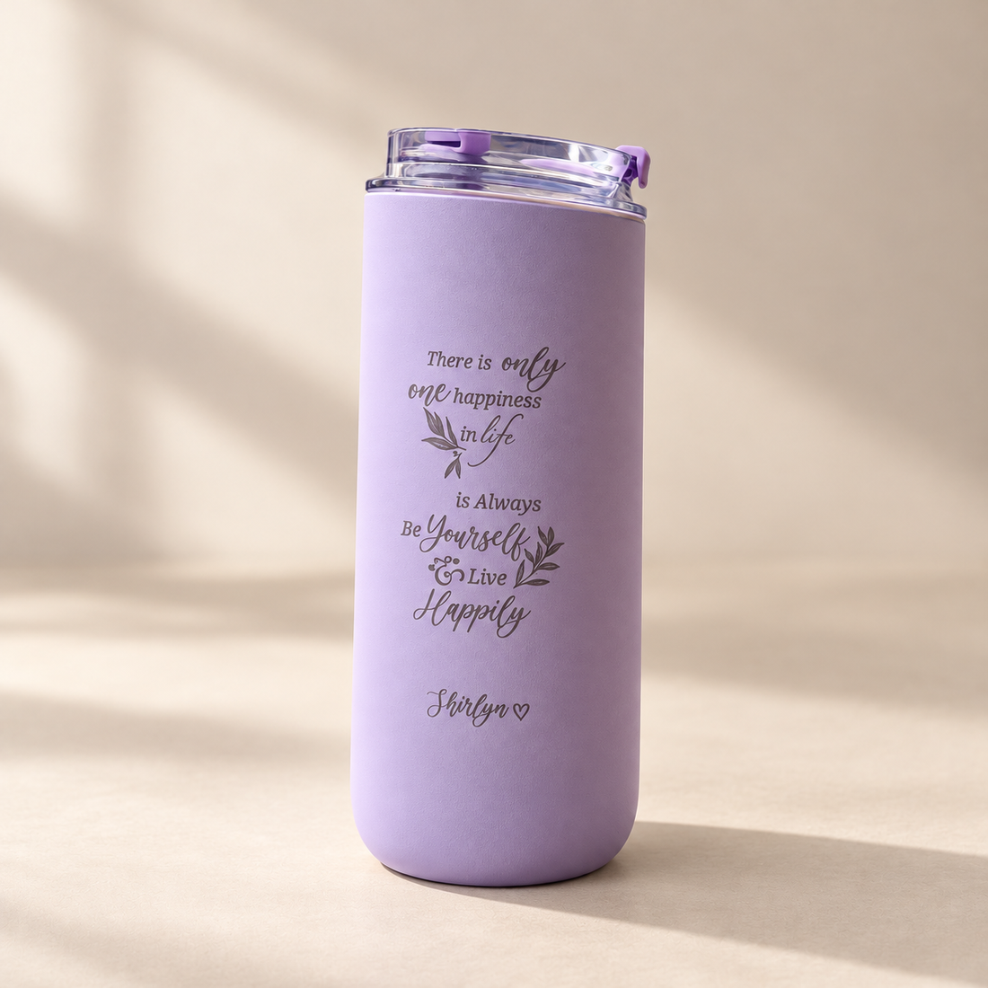 Personalised lavender 480ml stainless steel mug with engraved name and matching straw