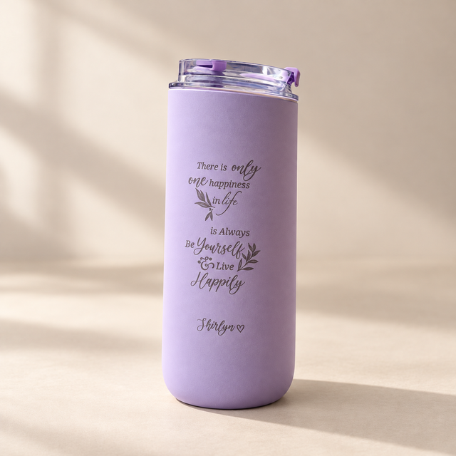Personalised lavender 480ml stainless steel mug with engraved name and matching straw
