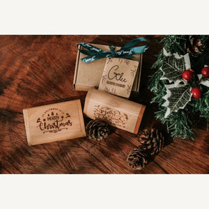 Personalised wooden USB drive cases engraved with Merry Christmas designs, By Glee