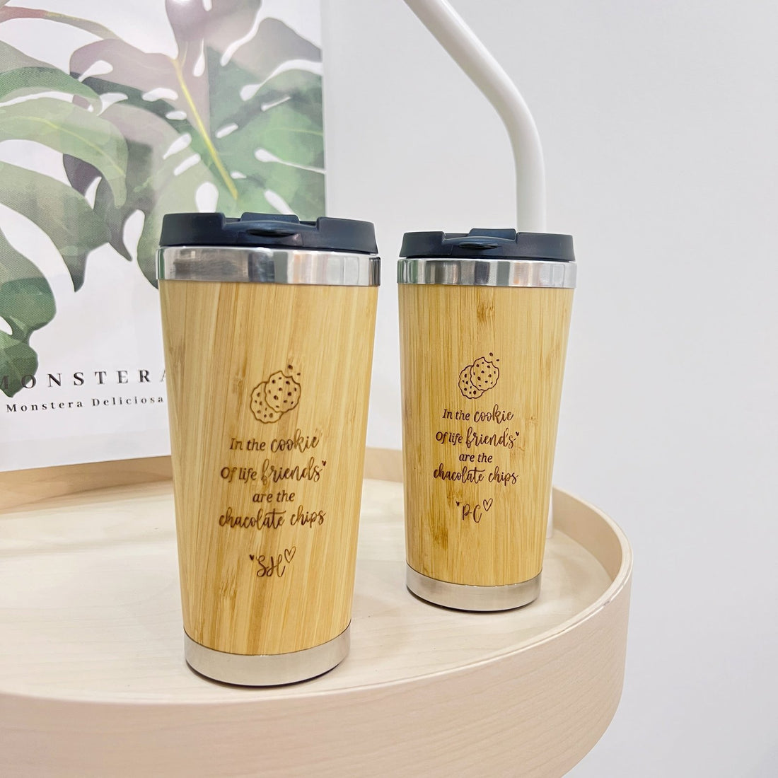 Personalised bamboo coffee mug 450ml with engraved friendship quote, shown in two sizes, By Glee