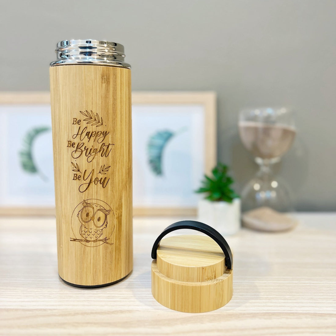 Personalised bamboo thermos flask 450ml engraved with Be Happy Be Bright Be You owl design, By Glee