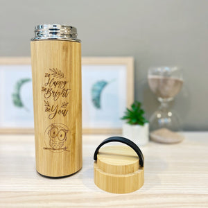 Personalised bamboo thermos flask 450ml engraved with Be Happy Be Bright Be You owl design, By Glee