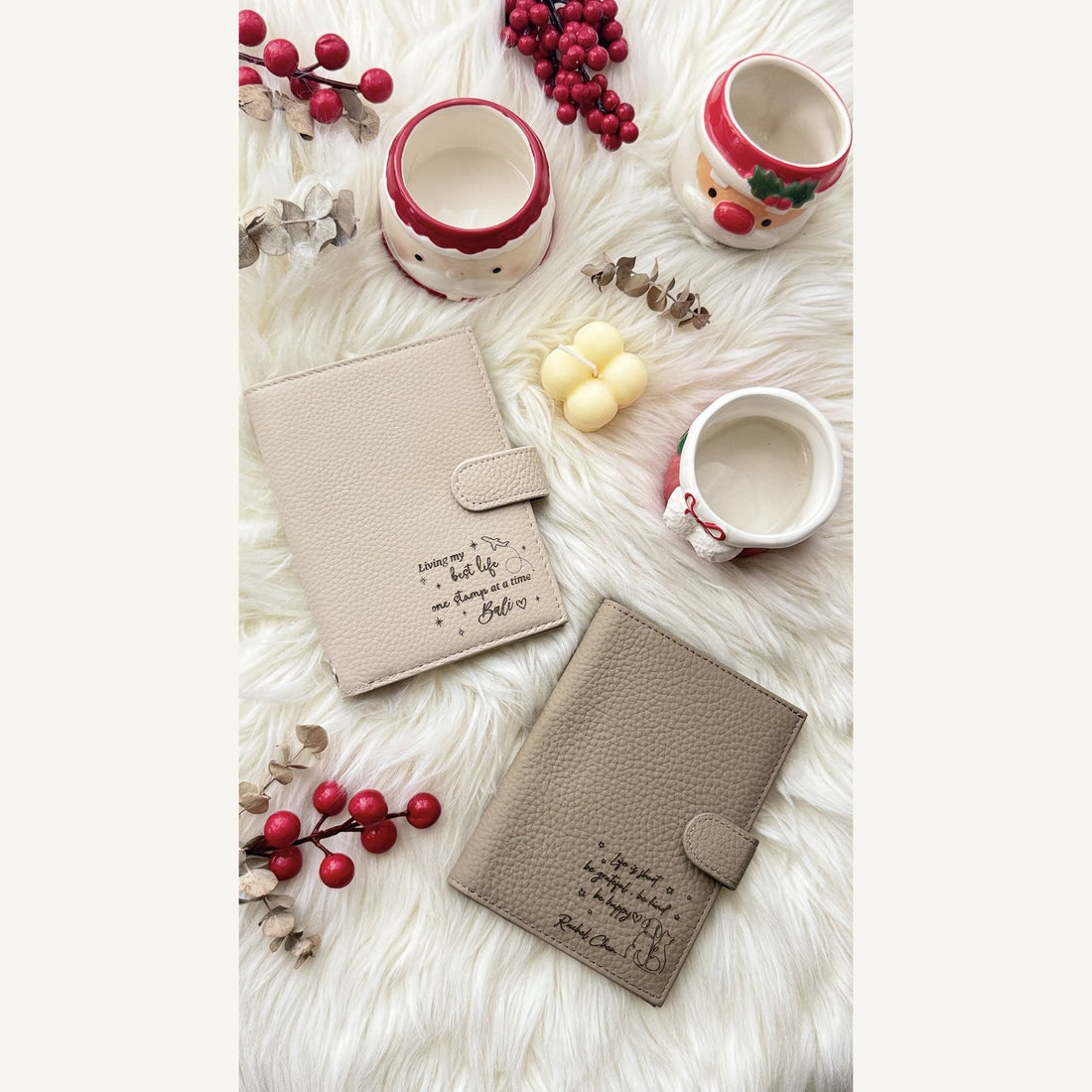 Personalised RFID leather passport holders in beige and taupe with engraved quotes, By Glee