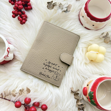 Personalised RFID leather passport holder with engraved quote and name, By Glee