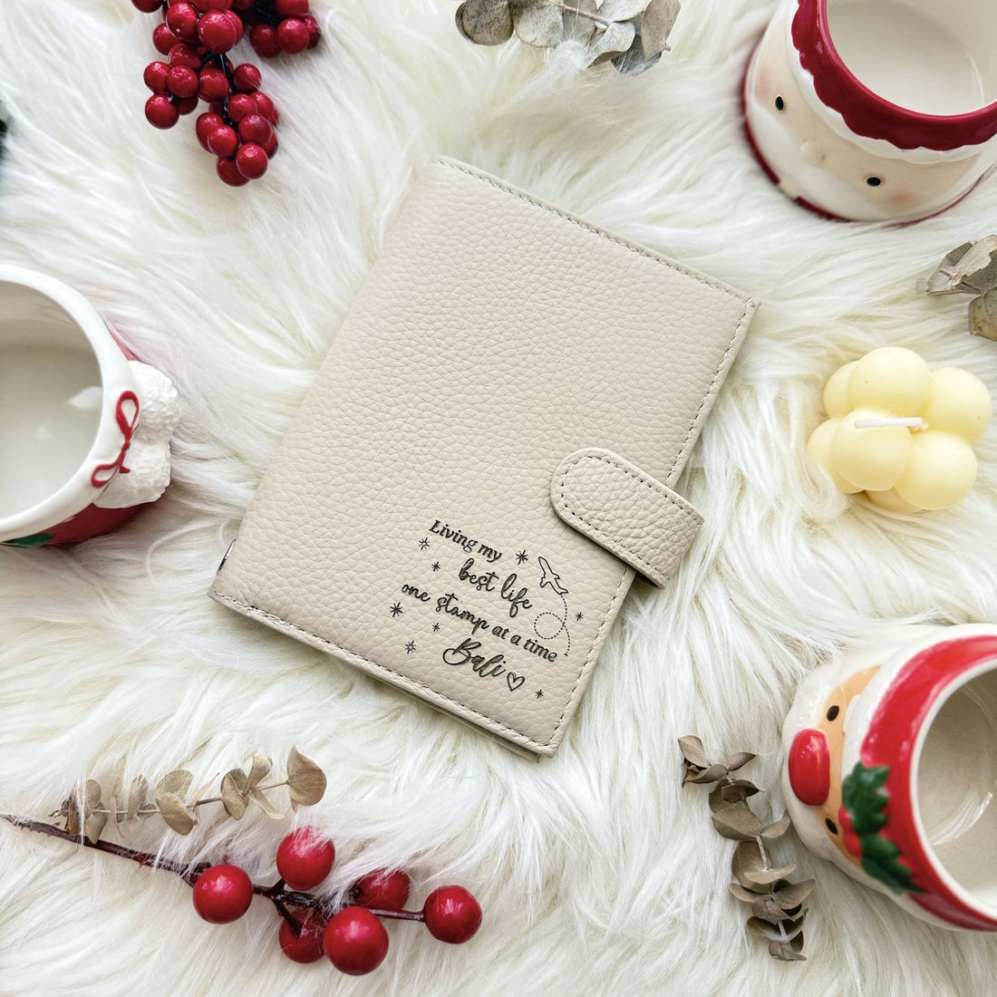Personalised RFID leather passport holder in beige with engraved quote, By Glee