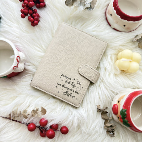 Personalised RFID leather passport holder in beige with engraved quote, By Glee