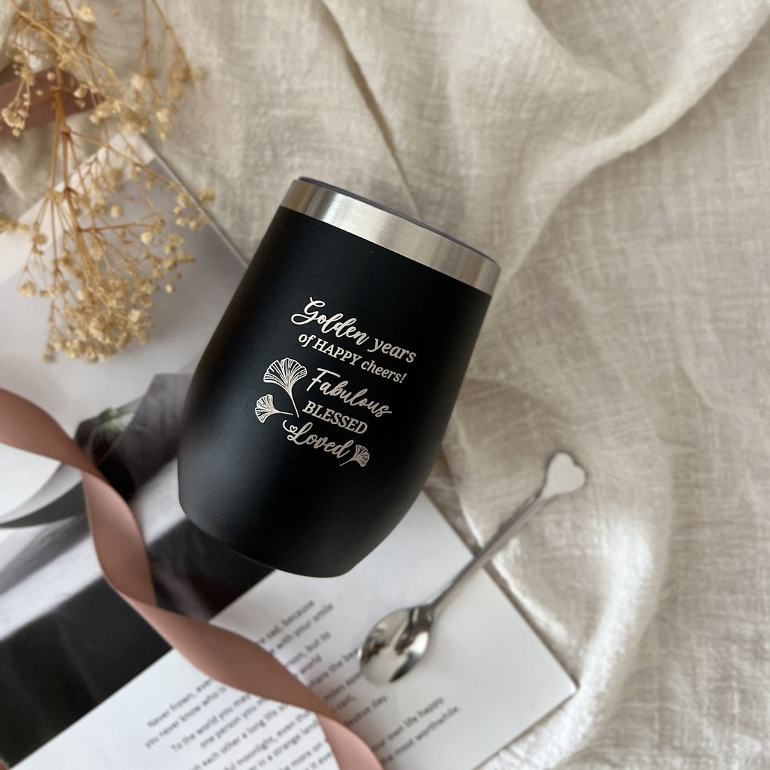 Personalised 350ml black stainless steel cup engraved Golden years, By Glee