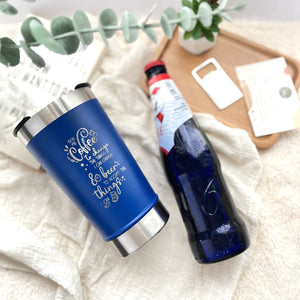 Personalised 480ml blue tumbler with engraved coffee quote and bottle opener gift set, By Glee