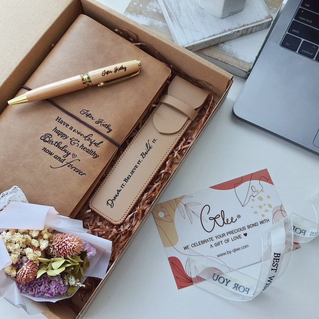 Personalised wooden pen, leather pouch and notebook gift box with engraved birthday message, By Glee
