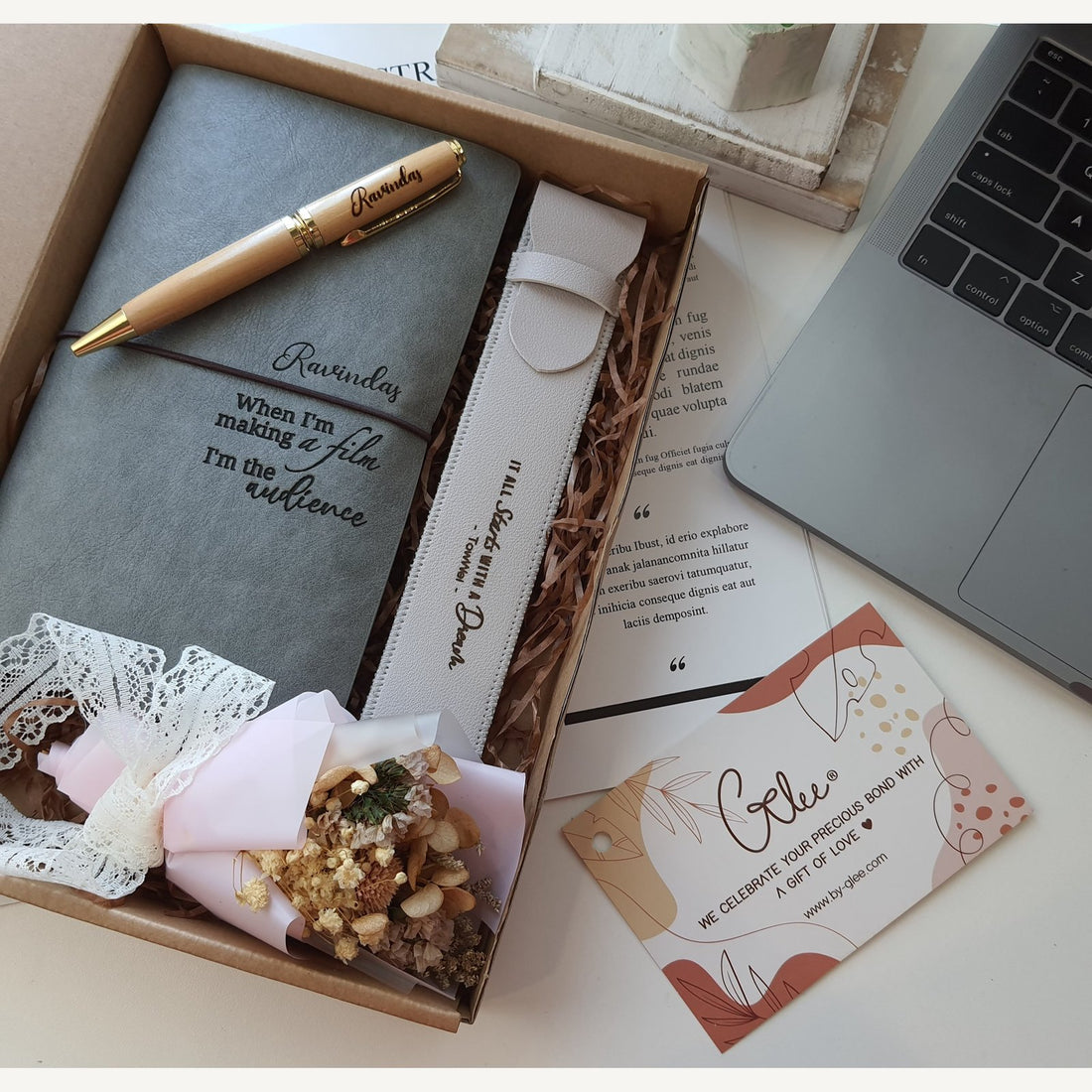 Personalised wooden pen, leather pouch and grey notebook gift box with engraved name and quote, By Glee