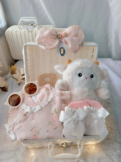Cherry Blossom premium baby gift set in a rattan basket with pink floral cheongsam-style romper with bow headband