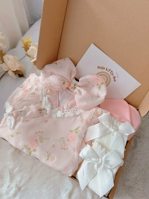 Cherry Blossom standard baby gift box with pink floral cheongsam-style romper with bow headband