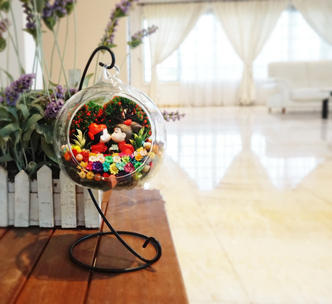 Chinese Wedding Couple preserved flower terrarium from another angle
