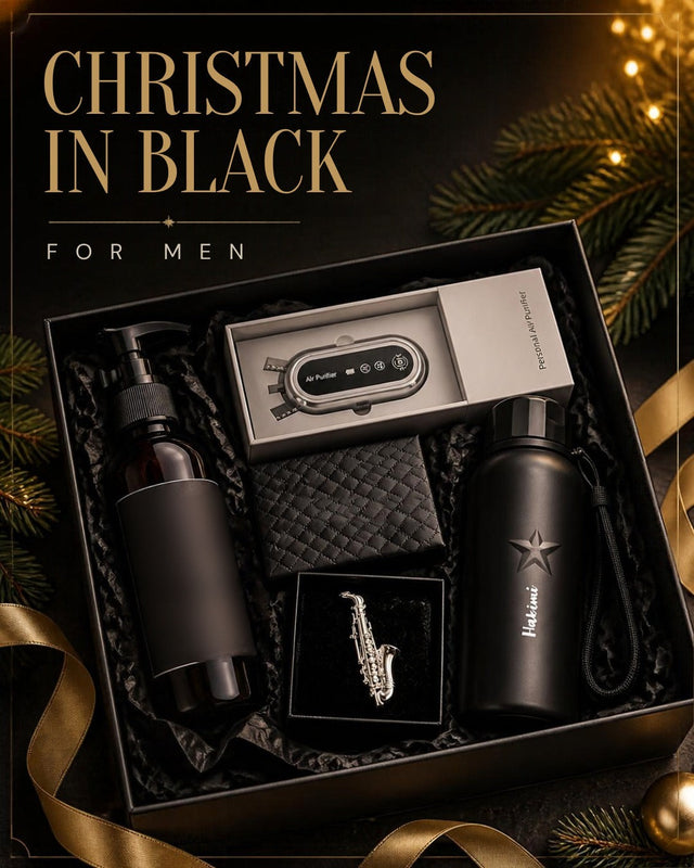 Set hadiah Christmas in Black untuk lelaki dengan botol air, penulen udara, klip tali leher dan pencuci muka