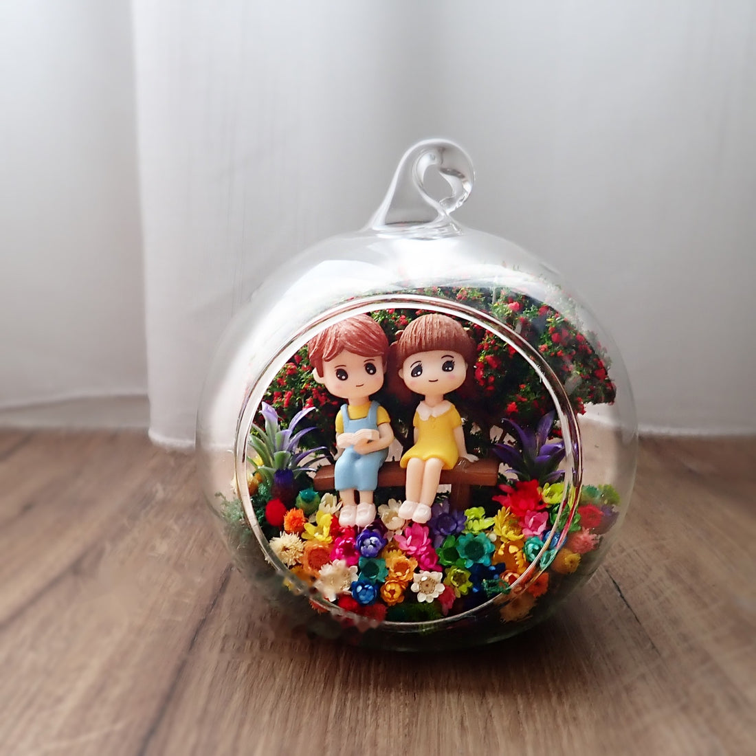 Couple on Bench preserved flower terrarium