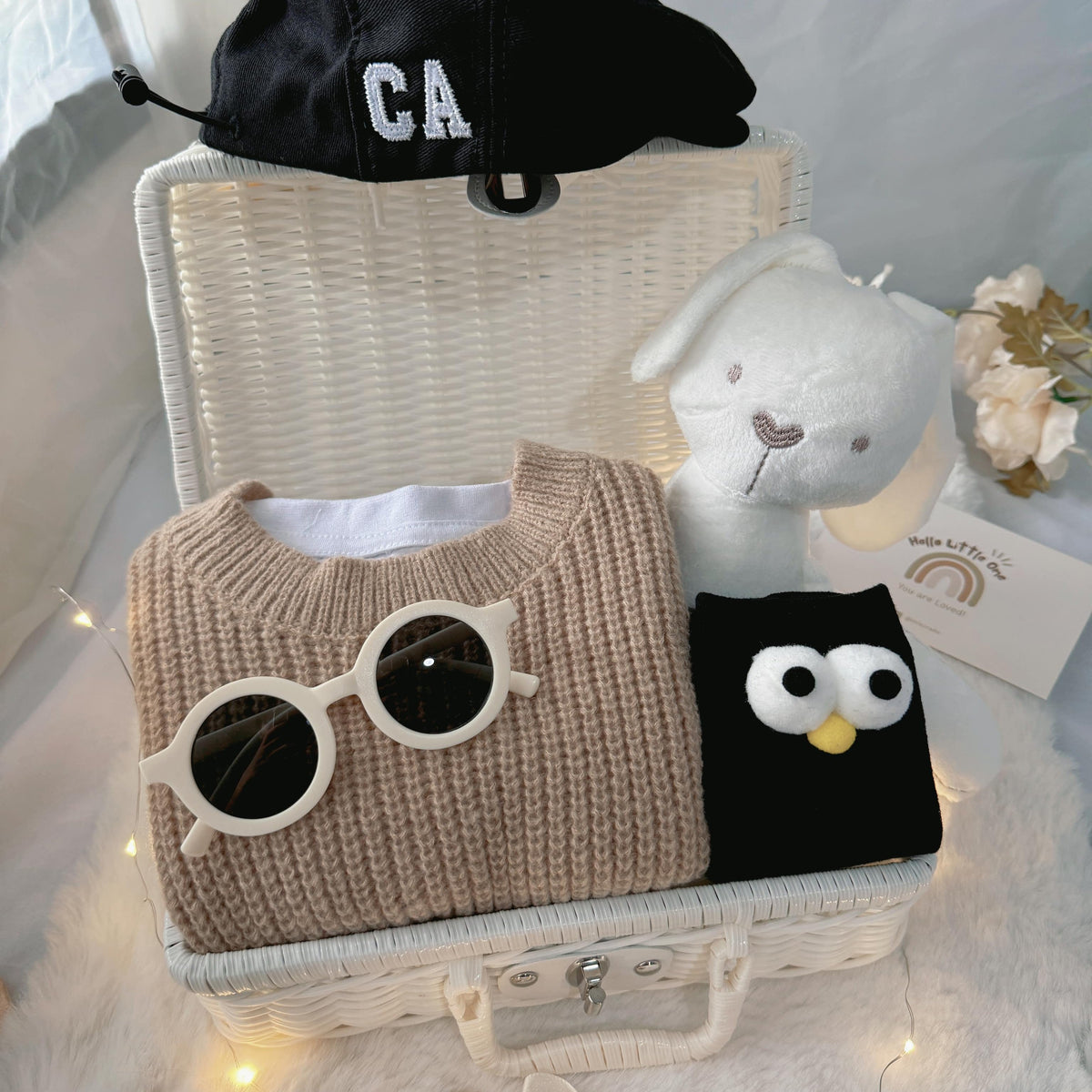 Cozy Khaki premium baby gift set in a rattan basket with khaki and brown romper