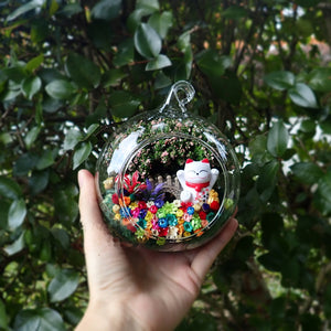 Fortune Cat with Bag preserved flower terrarium