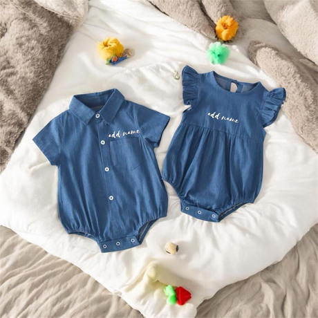 Baby Blue Denim Romper, included in Garden to Bath gift sets
