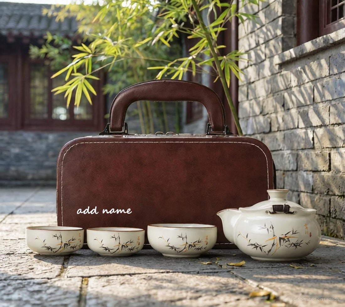 Sipping Serenity Tea Set (Dark Brown) leather tea bag with name by Garden to Bath