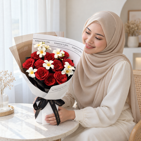 Editorial Romance Soap Flower Bouquet — illustrative lifestyle image with an adult