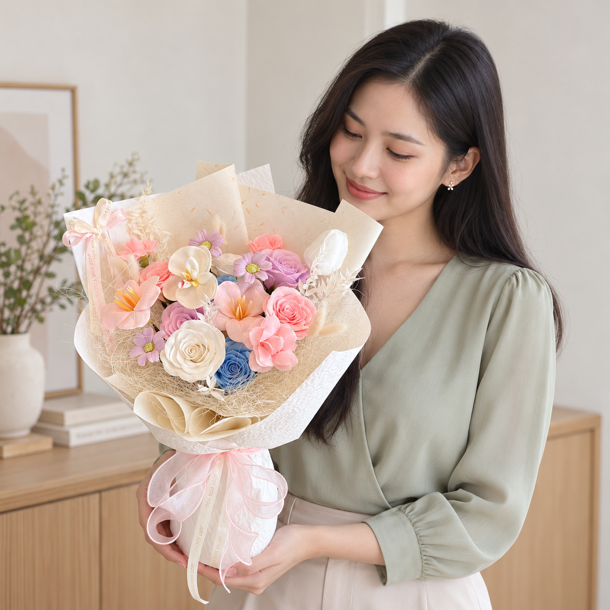 Toffee Cinnamon Soap Flower Bouquet — illustrative lifestyle image with an adult