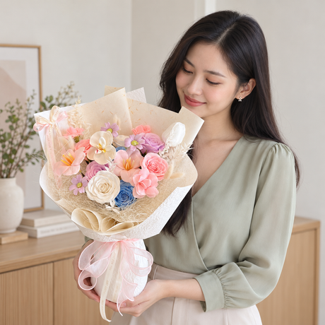 Toffee Cinnamon Soap Flower Bouquet — illustrative lifestyle image with an adult