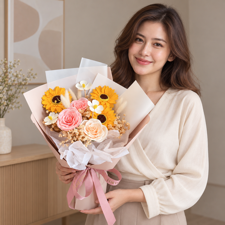 Honey Sunshine Soap Flower Bouquet — illustrative lifestyle image with an adult