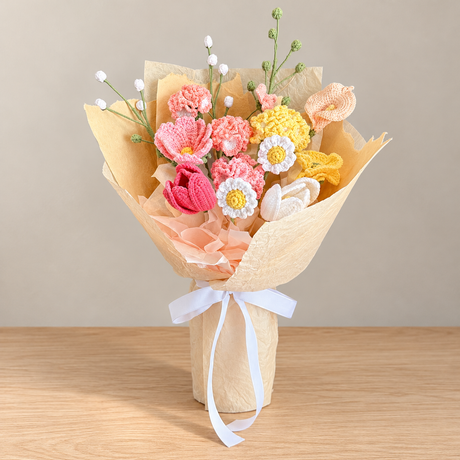 Peach Sorbet Crochet Bouquet — complete product on a clean neutral background