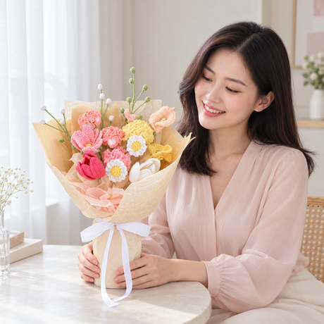Peach Sorbet Crochet Bouquet — illustrative lifestyle image with an adult