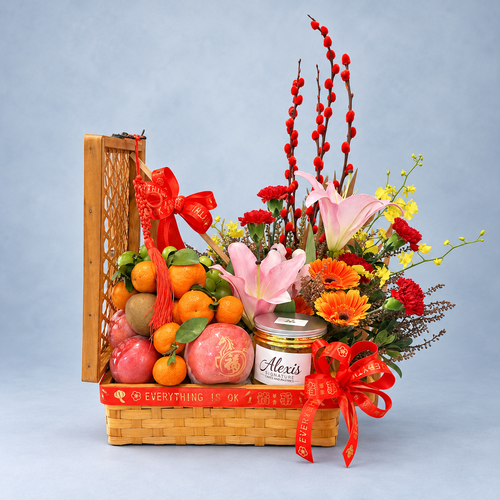 Marquetry Abundance CNY Flower Stand, complete product on a clean neutral background