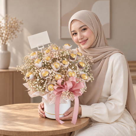 Nacreous Canister Chocolate Bouquet — illustrative lifestyle image with an adult