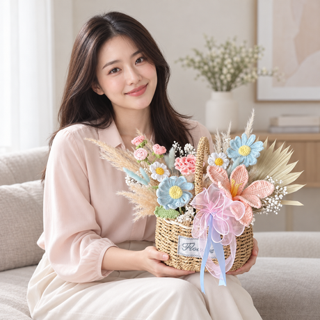 Textile Amaryllis Crochet Bouquet — illustrative lifestyle image with an adult