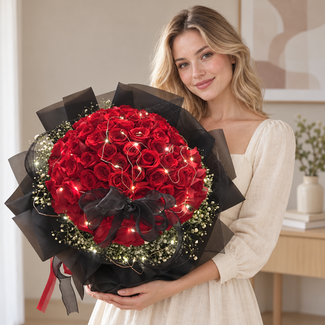 Eternal Devotion Bouquet, illustrative lifestyle image with an adult