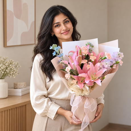 Blush Serenade Bouquet — illustrative lifestyle image with an adult