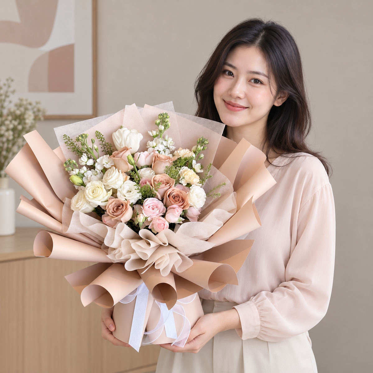 Autumn Harmony Bouquet — illustrative lifestyle image with an adult