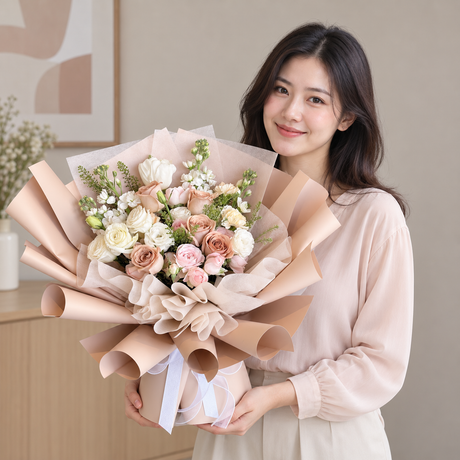 Autumn Harmony Bouquet — illustrative lifestyle image with an adult