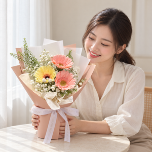 Peach Daisy Bouquet — illustrative lifestyle image with an adult