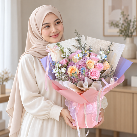 Hydrangea Heaven Bouquet — illustrative lifestyle image with an adult