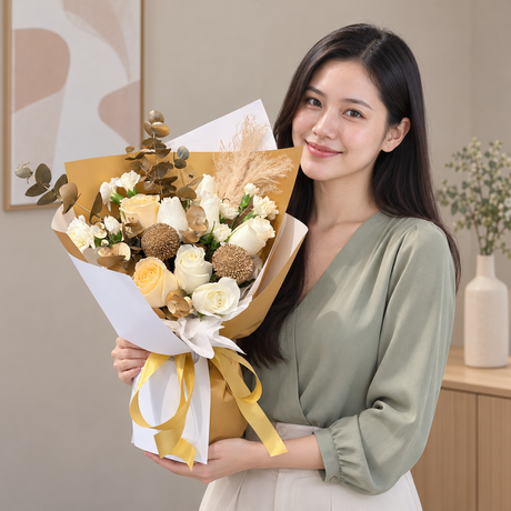Champagne Toast Bouquet — illustrative lifestyle image with an adult