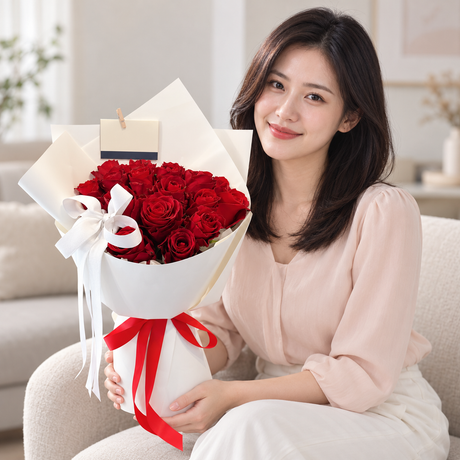 Ruby Devotion Bouquet — illustrative lifestyle image with an adult
