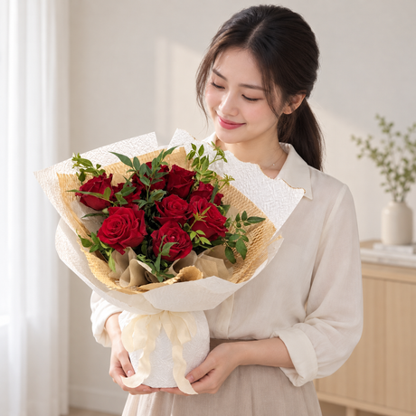 Velvet Orchard Bouquet — illustrative lifestyle image with an adult