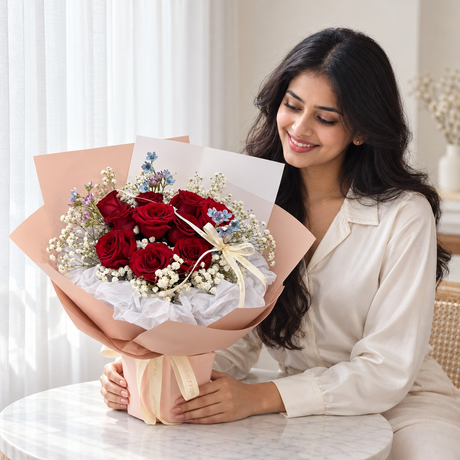 Scarlet Stardust Bouquet — illustrative lifestyle image with an adult