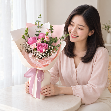 Violet Symphony Bouquet — illustrative lifestyle image with an adult