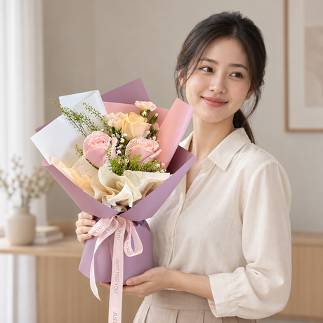 Pastel Whimsy Bouquet — illustrative lifestyle image with an adult