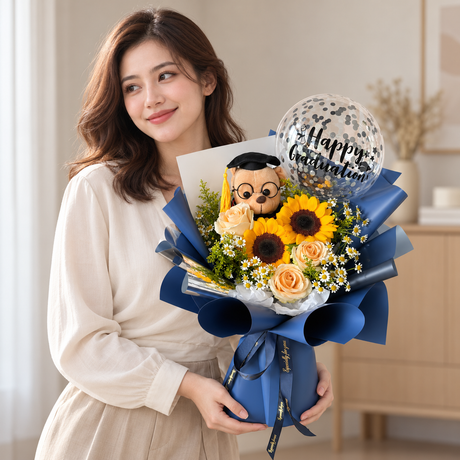 Ocean of Success Graduation Bouquet — illustrative lifestyle image with an adult